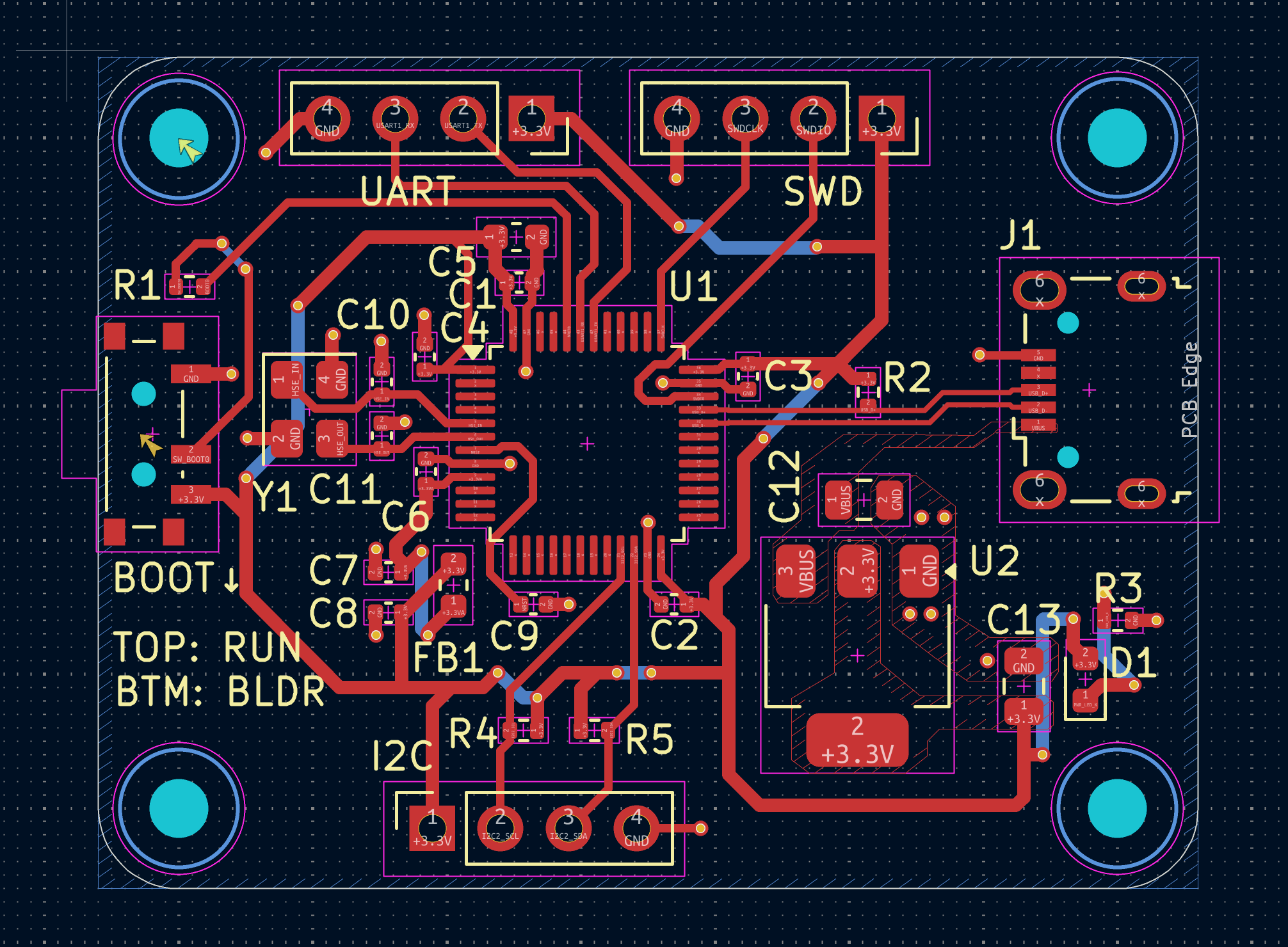 STM32 Black Pill clone PCB layout, a two-layer board with labeled headers and components