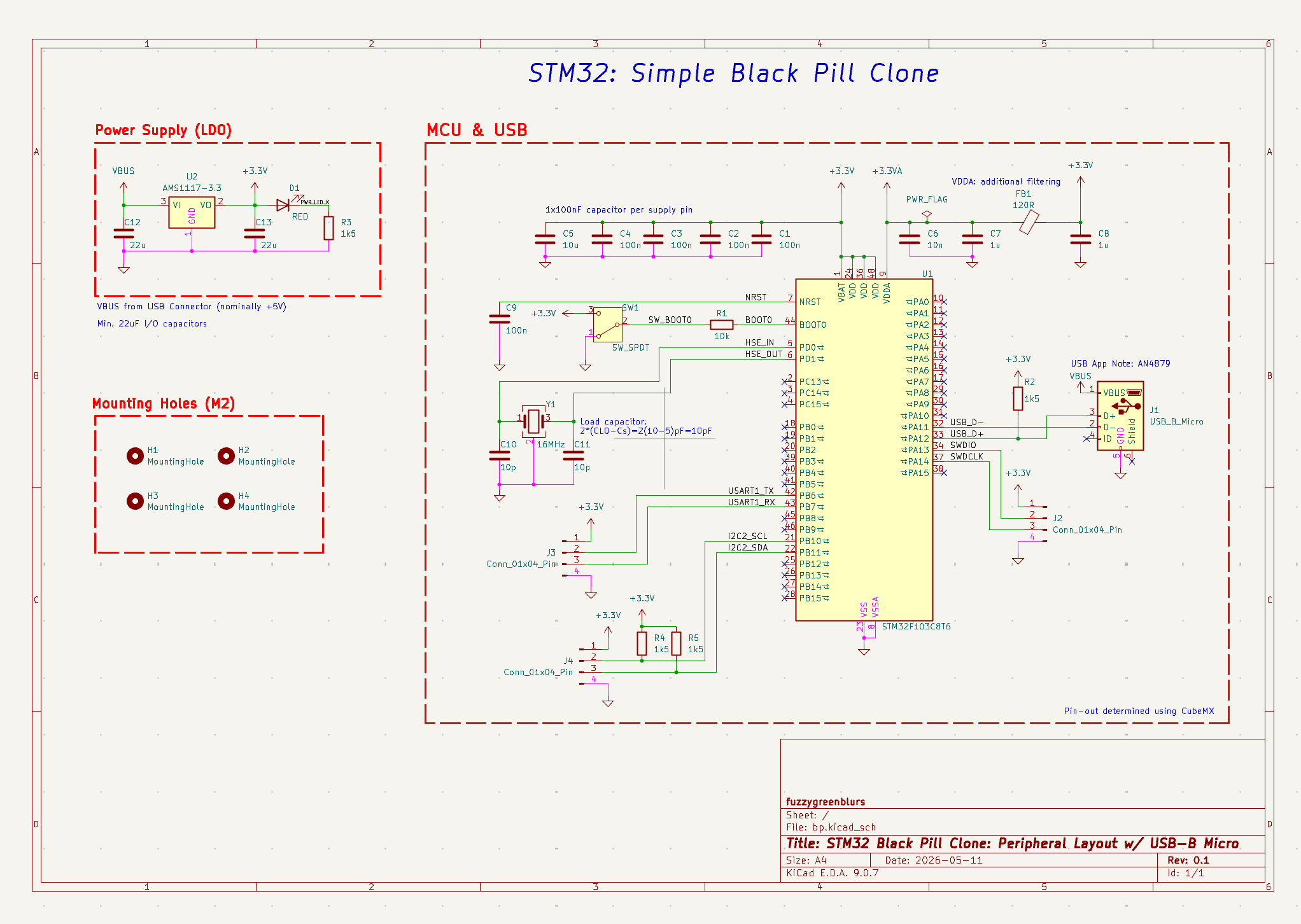 STM32 Black Pill clone schematic showing Power Supply (LDO), MCU & USB, and Mounting Holes sections