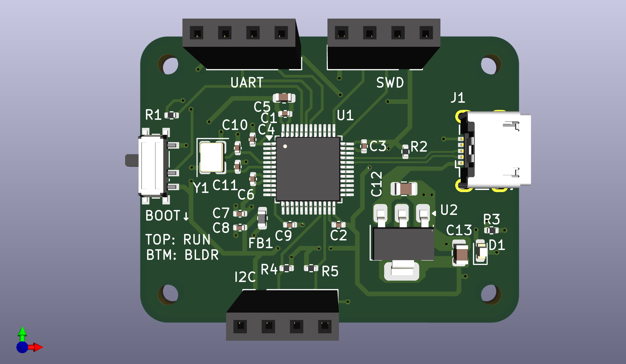 Top side of the assembled board, showing MCU, crystal, USB-B Micro, slide switch, and headers in place